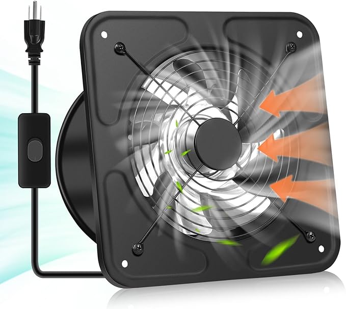 YOZON 10-Inch Kitchen Exhaust Fan with Switch, 727CFM Garage Exhaust Fan, Wall Mounted Vent Fan, Ventilation Fan with Backdraft Damper for Attic, Workshop, Window, Smoking Room