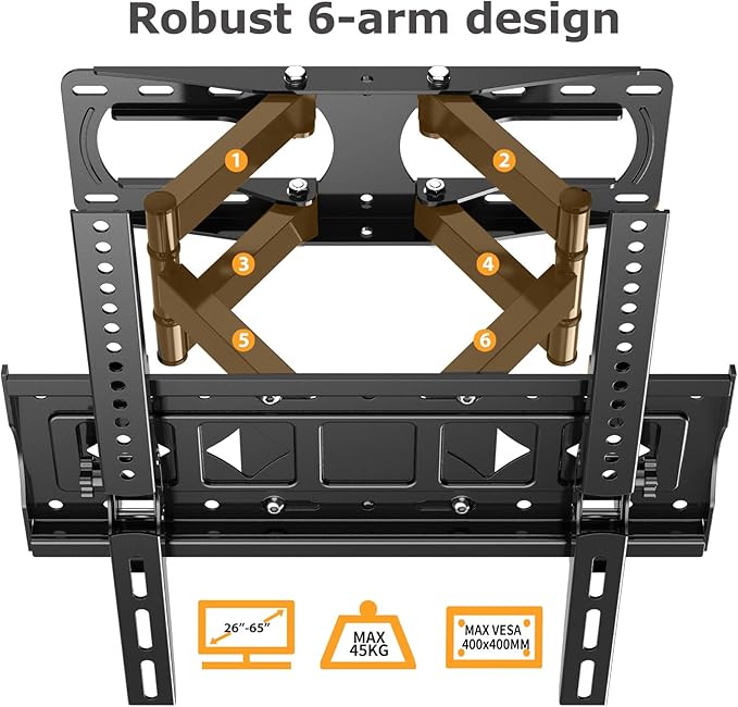WNJQBY Full Motion TV Wall Mount for Most 26-65 Inch Flat/Curved 4K LED LCD TVs, Rotate Articulating Arms Swivel and Tilt Wall Mount TV Bracket Max VESA 400X400 mm,Fits 12″/16″ Wood Studs