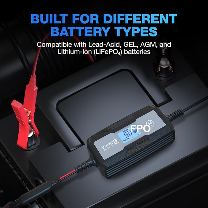 Type S 1A Smart Battery Charger & Maintainer, 6V & 12V Fully Automatic Trickle Charger, Low-Voltage Recovery, Auto-Voltage Detection, Sulfation Prevention – for Cars, Motorcycles, ATVs, Boats & More