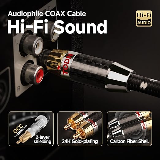 TODN Digital Coaxial Audio Cable 75-Ohm with OCC-Core 24K Gold-Plated RCA Connector for HiFi Audio Systems with Coaxial/Digital Out/SPDIF Interface (9.8ft/3m)