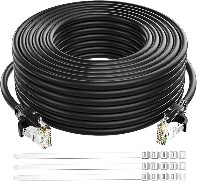 Adoreen Cat 6 Ethernet Cable 25 Ft-Black, Outdoor & Indoor Snagless Long Round by Adoreen