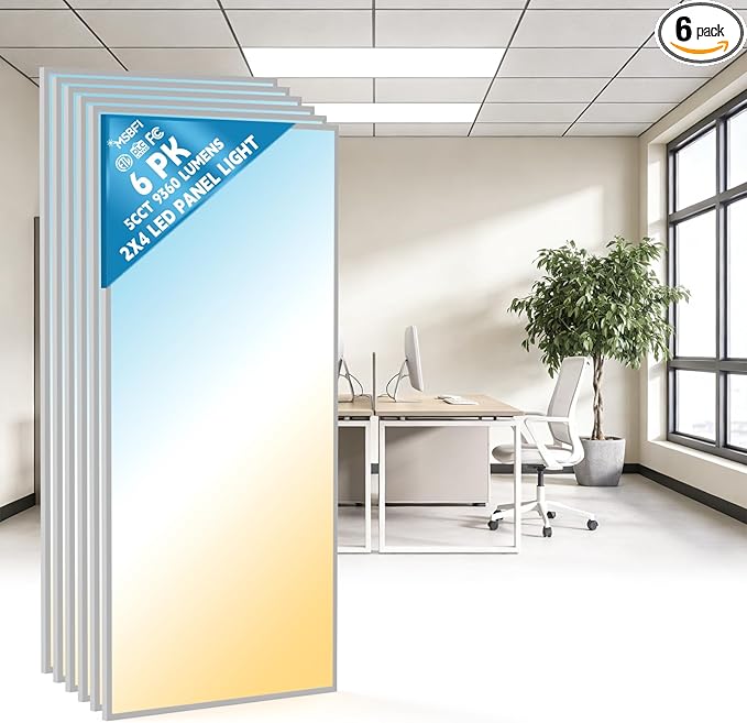 Msbfi 2x4 LED Flat Panel Lights Drop Ceiling Light Fixture 5000K 4000K 3000K Selectable 0-10v Dimmable, 30-40-50W 24x48 LED Light Fixture 100-277V for Office Ceiling Lighting Fixture ETL/DLC 6 Pack