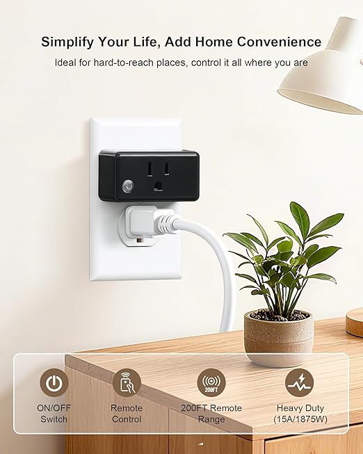 TREEWELL Remote Control Outlet Plug, 200FT Long Range Wireless Light Switch, Compact Design, 15A/1875W High-Power for Lamps, Lights, Household Appliances, FCC & ETL Listed