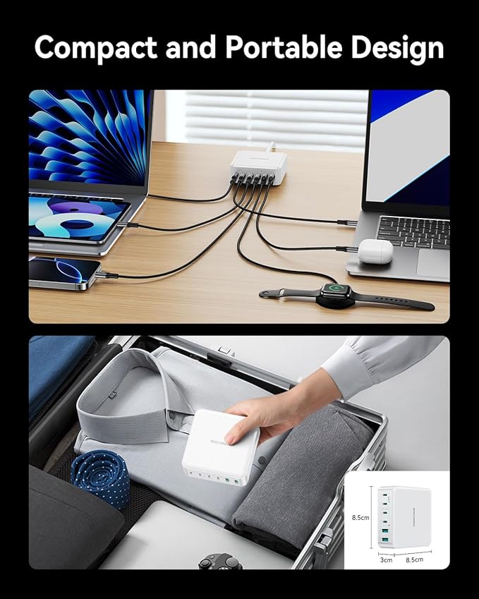 270W USB C Charger Block, Rocoren 6 Port Multi USB-C Charging Station,100W PD Fast USBC Gan Charger Station Hub Dock for Multiple Devices, Laptop Type C for MacBook/iPhone 17/iPad/Galaxy S25 (White)