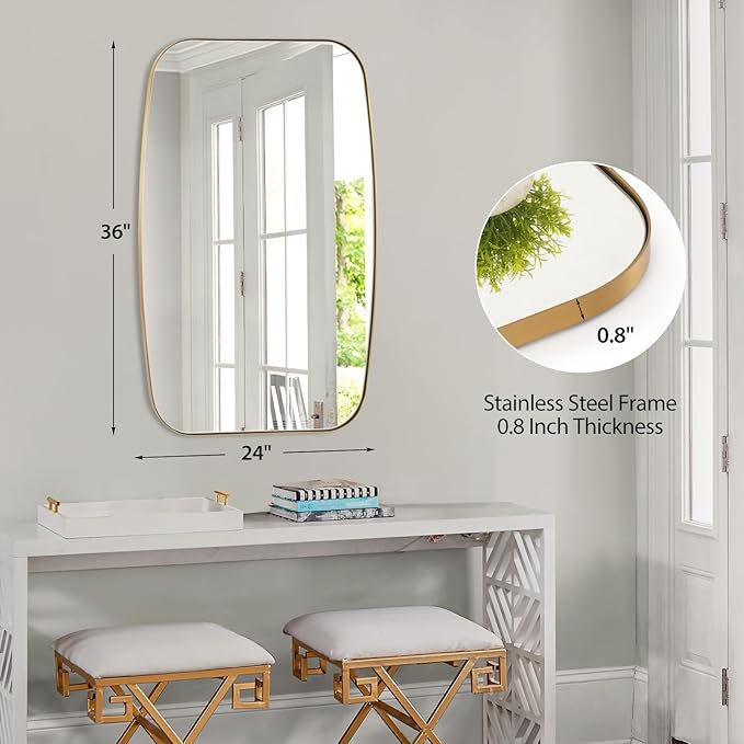 Oval Mirrors for Bathroom, 24"×36" Gold Vanity Mirror with Stainless Steel Metal Frame, Brushed Gold Oblong Bathroom Wall Mounted Modern Mirror for Over Sink