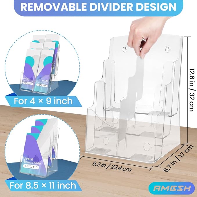 AMGSH 2 Pack 3 Tier Brochure Holder 8.5” x 11” - Acrylic Literature Holder with Removable Divider for 4” x 9” Brochure, Clear Flyer Holder Pamphlet Display Stand
