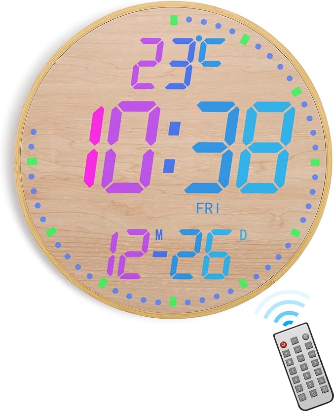 GLOKUUCA 12" Large Digital Wall Mount Clock, Count Down Timer, Alarm, Big LED, 12 RGB Color, Temperature for Living Room Classroom Desk (Bamboo Elements)