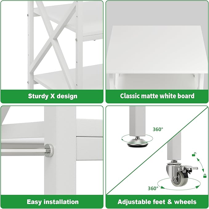 Ollieroo 3 Tier Printer Stand, Large Table with Wheels, Rolling Cart with Height Adjustable Middle Storage Shelf, 23.6 x 23.6 x 30.3 Inches Shelf for Home Office, White