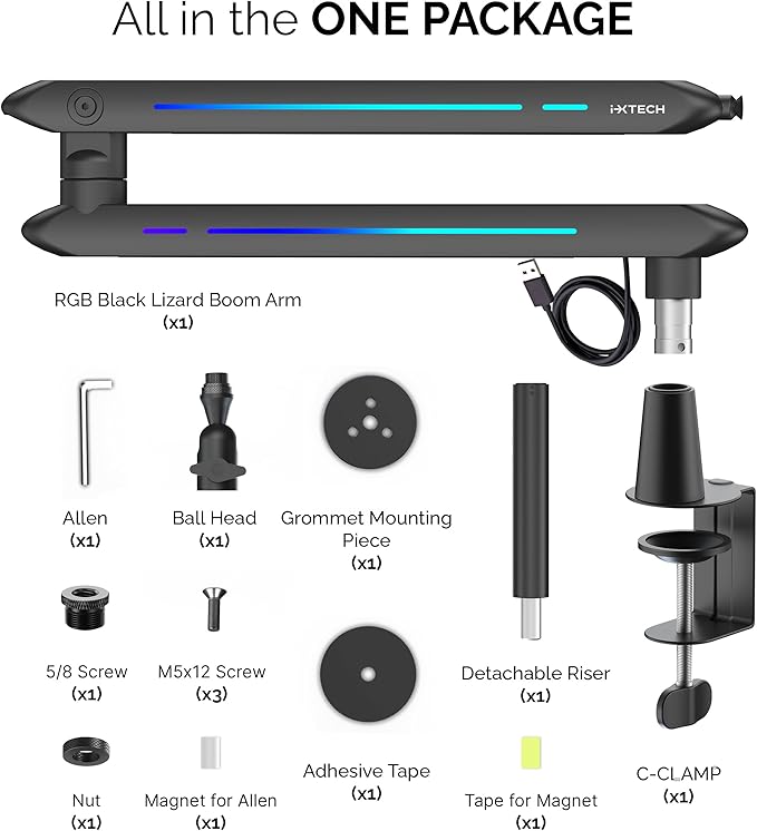 IXTECH RGB Low Profile Boom Arm for Mic, Adjustable Microphone Arm Stand with Desk Mount Clamp, Rotatable Microphone Boom Arm Mic Stand with Cable Management for Podcast Streaming Gaming Studio.