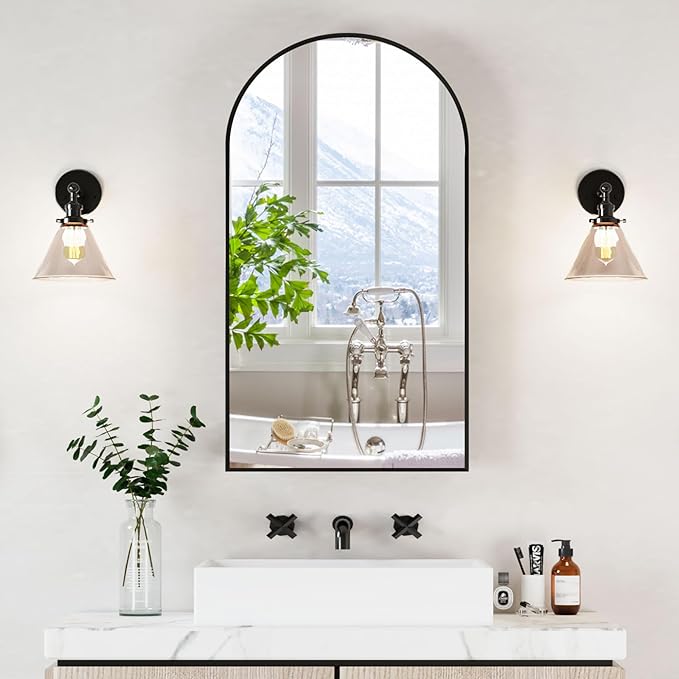 20x36 Black Arched Medicine Cabinet with Mirror, Wall Mounted Only,Arch Brushed Black Medicine Cabinet Surface Mount,Bathroom Mirror Cabinet for Bathroom