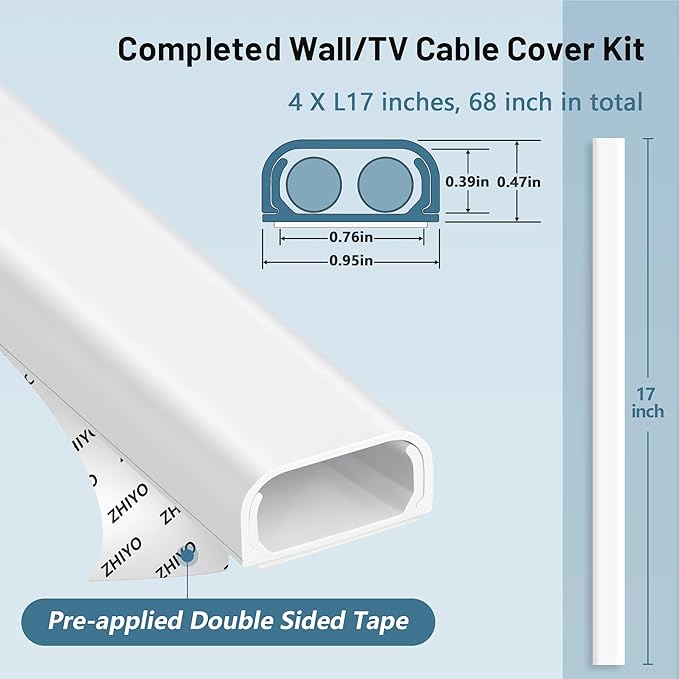 Cable Hider Raceway Kit, 68in Wire Hiders for TV on Wall, Paintable Cord Cover Channel, Cord Hider for Wall Mounted TV in Home Office, 4X L17in X W0.95in X H0.47in, Black