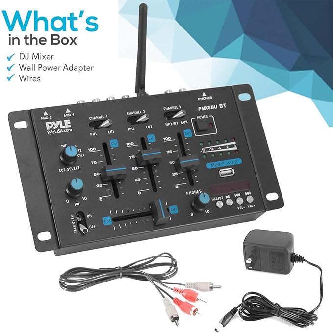 Pyle Wireless DJ Audio Mixer - 3 Channel Bluetooth Compatible DJ Controller Sound Mixer, Mic-Talkover, USB Reader, Dual RCA Phono/Line In, Microphone Input, Headphone Jack, Black - PMX8BU