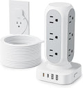 Flat Plug Power Strip Tower 15FT, 40W Total Fast Charging Station, Dual PD 20W USB-C Surge Protector with 12 AC Outlets and 8 USB Ports (4 USB C), Long Extension Cord for Home Office Dorm Room