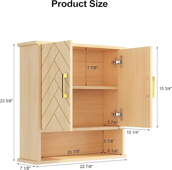 Natural Chevron Pattern Bathroom Wall Mount Cabinet, Gold Accent Hanging Medicine Cabinet with Open Shelf, Over The Toilet Storage Organizer for Home (23 5/8" x 22 7/8" x 7 1/8")