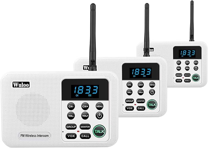 Wuloo Intercoms Wireless for Home 1 Mile Range 22 Channel 100 Digital Code Display Screen, Wireless Intercom System for Home House Business Office, Room to Room Intercom Communication(3Stations White)