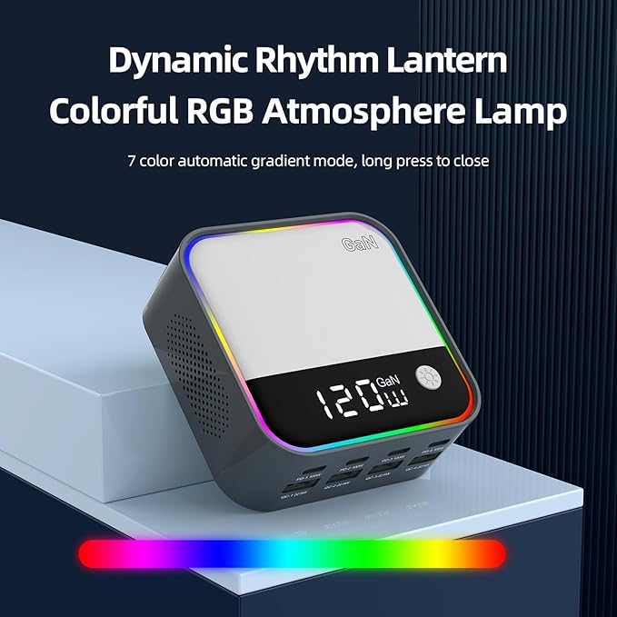 8-Port USB C Charging Station 120W, GaN Fast Charger Block with RGB Ambient Light, Simultaneously Charge Laptop, Phone, Tablet, Headphones for Desk, Gaming, Multiple Device