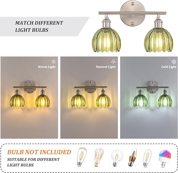 Shenmoyl Bathroom Light Fixtures, 2-Light Vanity Wall Light Over Mirror with Green Tulip Glass Shade for Bedroom Living Room (Bulb Not Included), Satin Nickel