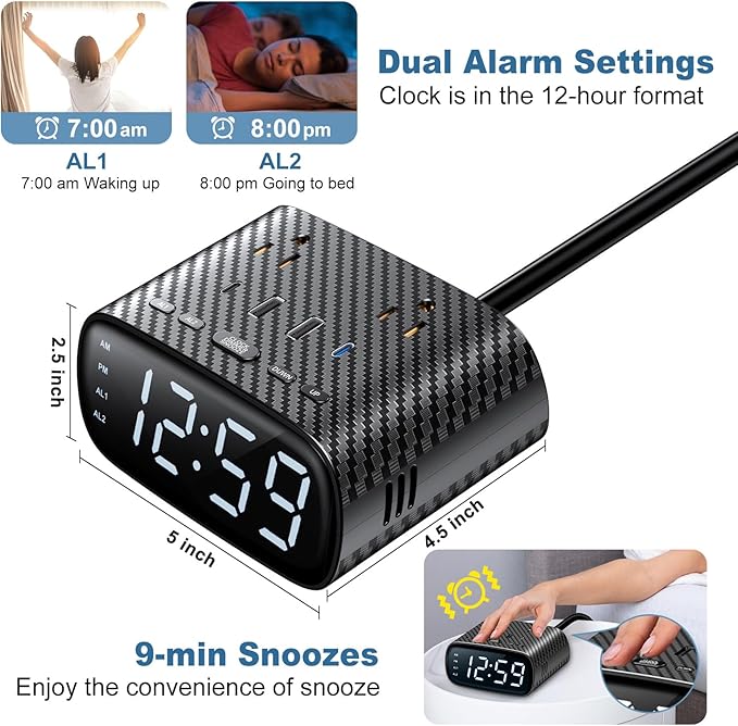 Sussex Alarm Clock with 2 USB-C, 2 USB-A Chargers Power Strip 2 Outlets - Screen LED Dimmable Digital Clock with Snooze Function - Dual Alarm for Bedside Nightstand