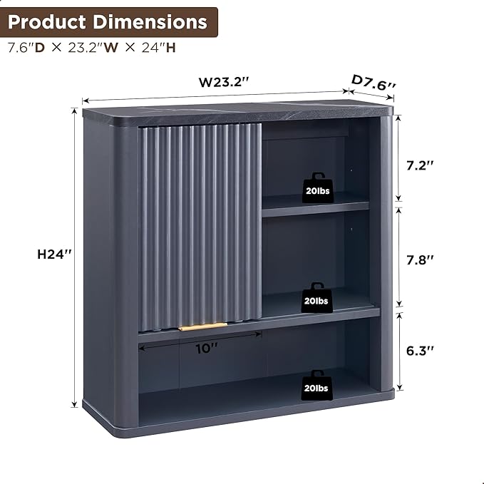 RedLemon Bathroom Wall Cabinet w/Fluted Sliding Door, Modern Medicine Cabinet w/Faux Marble Top & Adjustable Shelf, Curved Profile Wall Mounted Storage Organizer, Dark Grey