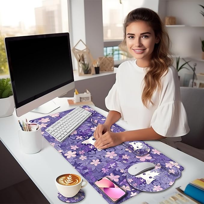 LIMKRIAN Purple Mouse Pad Large Desk Mat Set, Kawaii Cat Computer Mouse Pad with Wrist Rest Keyboard Wrist Support XXL Mousepad Cup Coaster Set, Cute Purple Office Desk Accessories Cat Decor Supplies