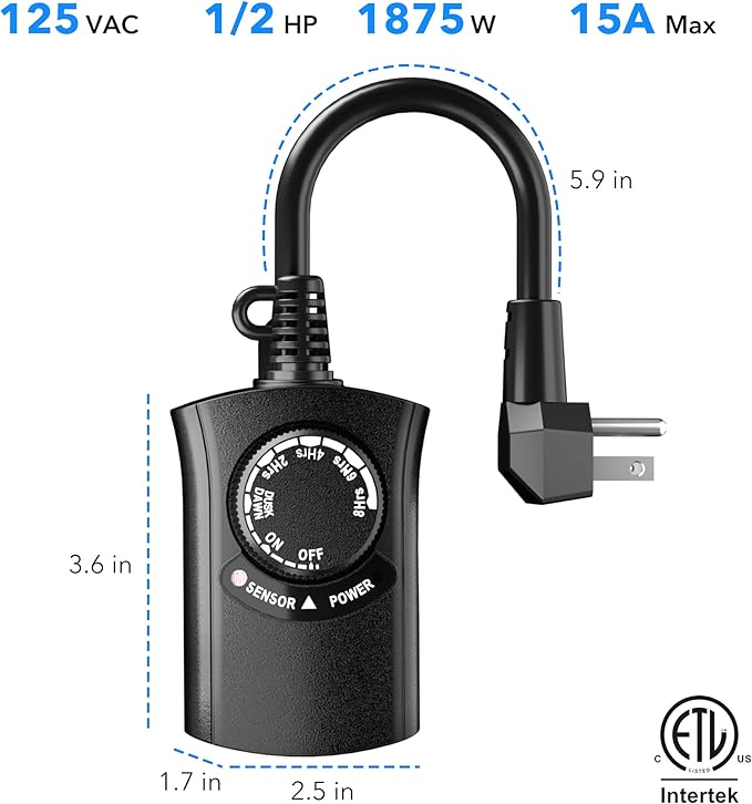 HBN Outdoor Light Timer Waterproof, Weatherproof Photocell Dusk to Dawn Light Sensor,2/4/6/8 Countdown Timer, 1 Grounded Outlet for Christmas Lights，Hallowen Deceration，1875W 15A 1/2HP