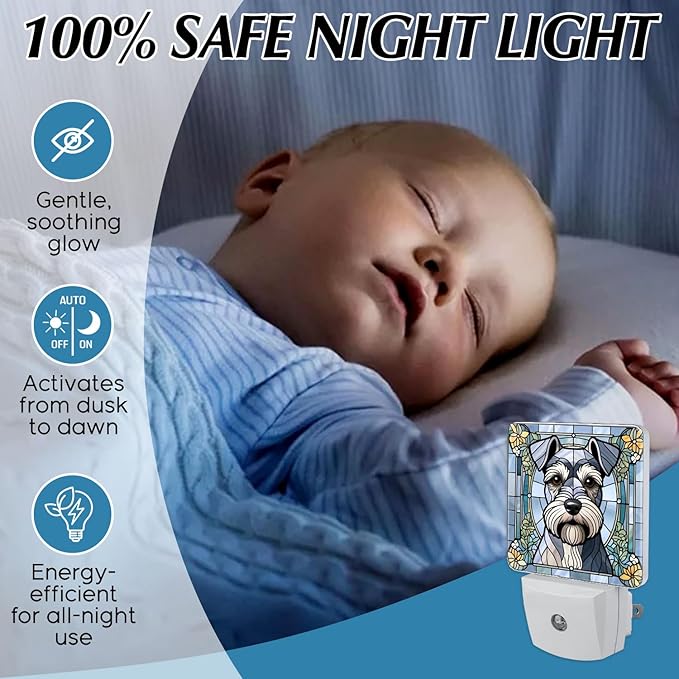 PODMemory Miniature Schnauzer Stained Glass Night Lights Plug into Wall for Room, Miniature Schnauzer Night Light LED for Bedroom