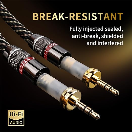 Audiophile HiFi Audio Cable–3.5mm to 3.5mm,6N OFC Core,24K Gold-Plated Plugs,with Nylon Braid,AUX Cable,Compatible with Phone,MP4,Speakers,Amplifiers,TV(1.64ft/0.5m)