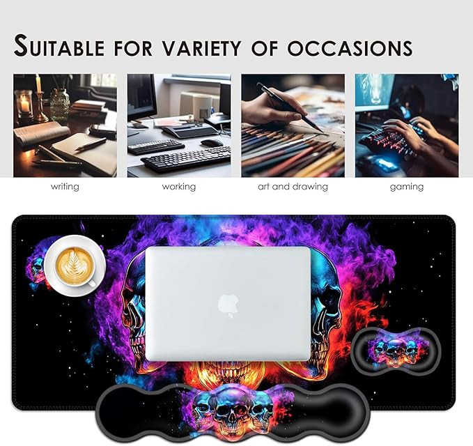 BFUKVOU Large Keyboard Mouse Pad Set, Extended Mouse Pad+Keyboard Wrist Rest Support, Memory Foam Ergonomic Easy Typing, 4Pcs (31.5×11.8 in) Desk Pad Set for Office Home,Smoke Skulls