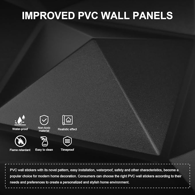 Greymond Black PVC 3D Wall Panels, 33 Pack 11.8''x11.8''Geometric Design for Modern Home Decor Upgrade, Textured Tile Decorative & Paintable for Living Room Lobby Bedroom Hotel Office