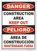 Brimar - 10" x 14" - Bilingual Danger Construction Area Keep Out Sign - .055″ Polyethylene Plastic - Bold Text And Symbol - Easy Installation