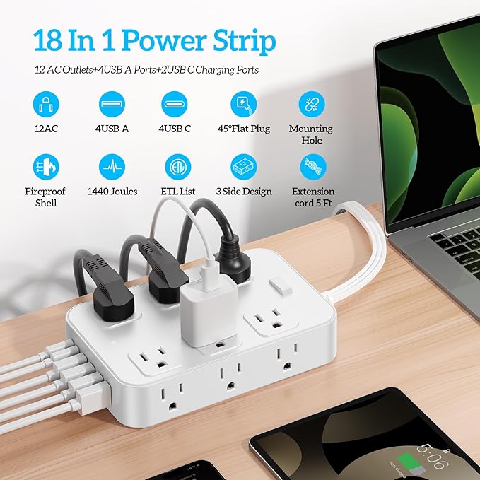 Solidock Flat Plug Power Strip Surge Protector with 12 AC Outlets 6 USB Ports 3 Side Multi Plug Outlet Extender 5 Ft Extension Cord for Home Office Kitchen Dorm Wall Desk Charging Station ETL Listed