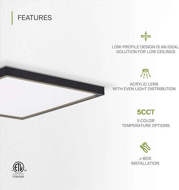 ASD LED 12" Square Flush Mount Ceiling Light Fixture, Low Profile Surface Lighting | 5CCT, Dimmable, Ultra-Thin, ETL Listed | 24W 1700LM 2700-6000K 120V | Kitchen, Bedroom Lamp | Black, 12 Pack