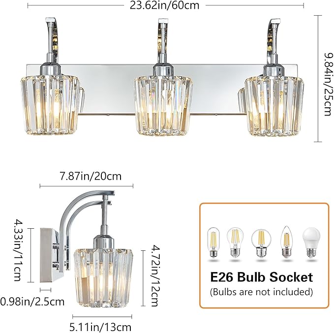 FDPBY Modern Bathroom Vanity Light, 3-Light Chrome Wall Sconce with Crystal Accents, Over Mirror Bathroom Lighting Fixture, 23.62" Long Dimmable Vanity Lamp for Makeup, Easy Installation