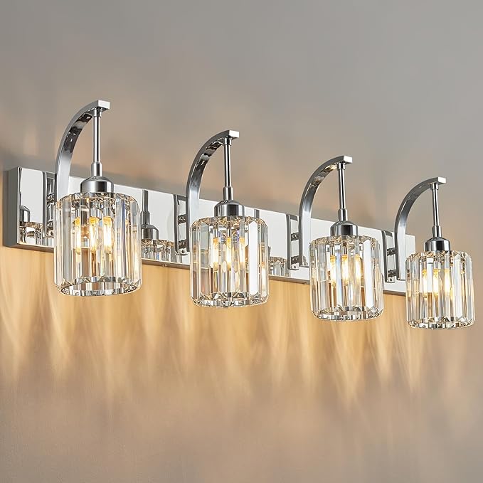 FDPBY 4-Light Crystal Vanity Light, Modern Chrome Bathroom Wall Sconce with K9 Crystal Shades, 32.67" Long Over Mirror Lighting for Vanity, Makeup, Hallway, Elegant & Easy Install