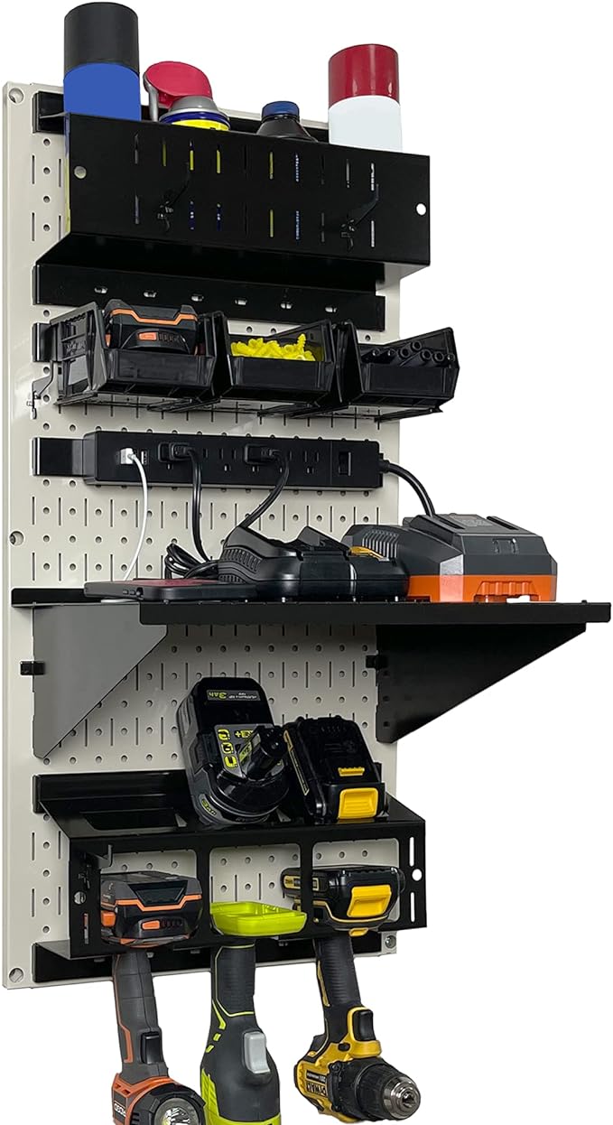 Wall Control Power Tool Storage Organizer Kit Cordless Drill Holder Charging Station Rack 16” x 32” Metal Pegboard Organization System (Beige Pegboard)