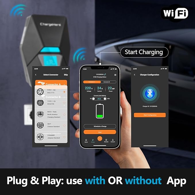 ChargeHere Level 2 EV Home Charger, 240V, 32A/40A | Real-Time Charging Speed Display + Status Light | Up to 7X Faster Charging | Indoor/Outdoor | Wi-Fi App Control | NEMA 14-50 | ETL Certified (32A)