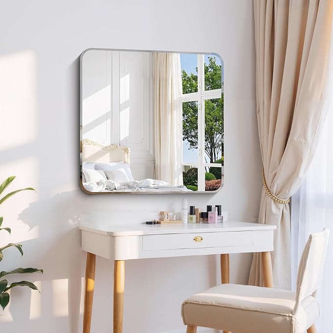 CILIBER Beveled Mirror 30"x30", Square Frameless Bathroom Mirror Rounded Corner, Framless Vanity Mirror Shatterproof Tempered Glass Lightweight Design for Bedroom Living Room Entryway