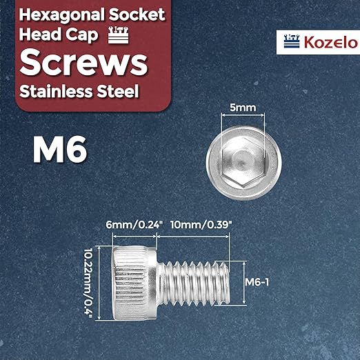 Kozelo 20pcs Socket Head Cap Screws - [M6-1 x 10mm] 304 Stainless Steel Allen Socket Drive for Electrical Motor 3D Printing Fan Engine Replacement Use, Silver