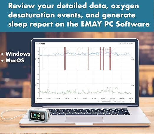 EMAY Sleep Oxygen Monitor with PC Software & App | Bluetooth Pulse Oximeter Rechargeable for Overnight & Continuous SpO2 Tracking with 72 Hours Built-in Memory | Gives Informative Report & Analysis