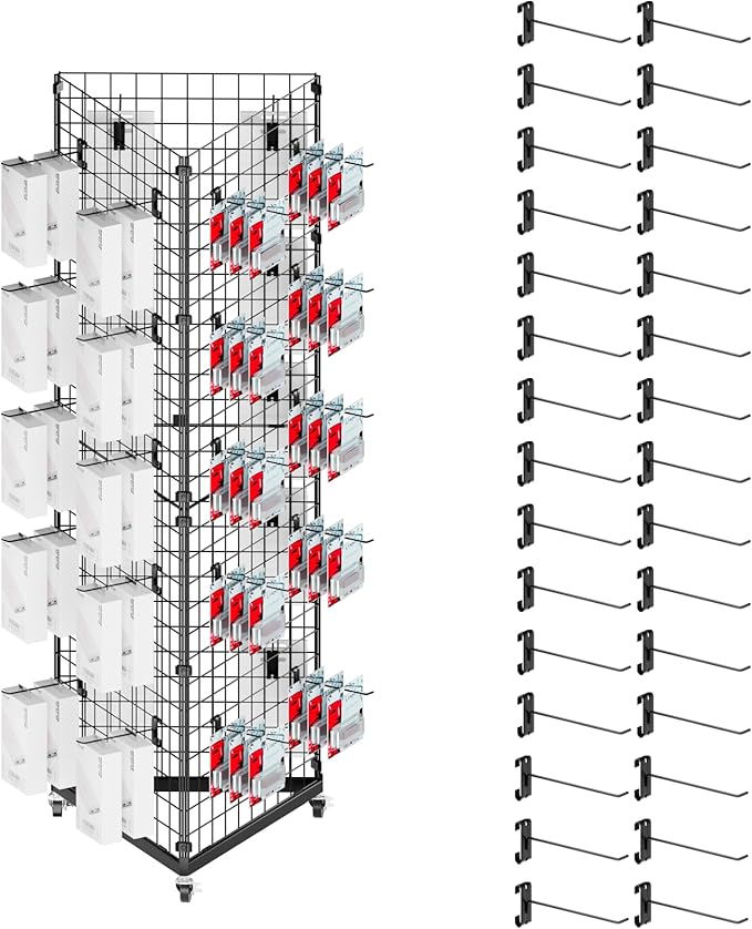 ztysn Grid Wall Panels Display Stand - 22"*66" Triangular Display Racks for Vendor Events with 30 Hooks, Art Display Panels Heavy Duty Floor Standing Movable Retail Display Stand
