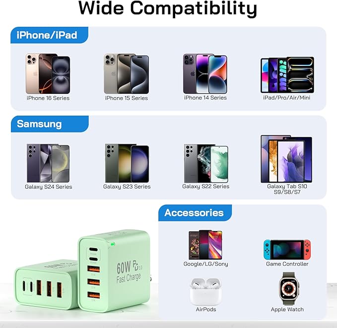 2Pack USB C Fast Charger Block, Total 60W 5-Port USB C Wall Charger 30W Type C Charging Block, 2USB C+3USB A PD 3.0 Multiport Charging Cube for iPhone 17 16 15 14 Pro Max, G-alaxy S25 S24 Ultra, i Pad