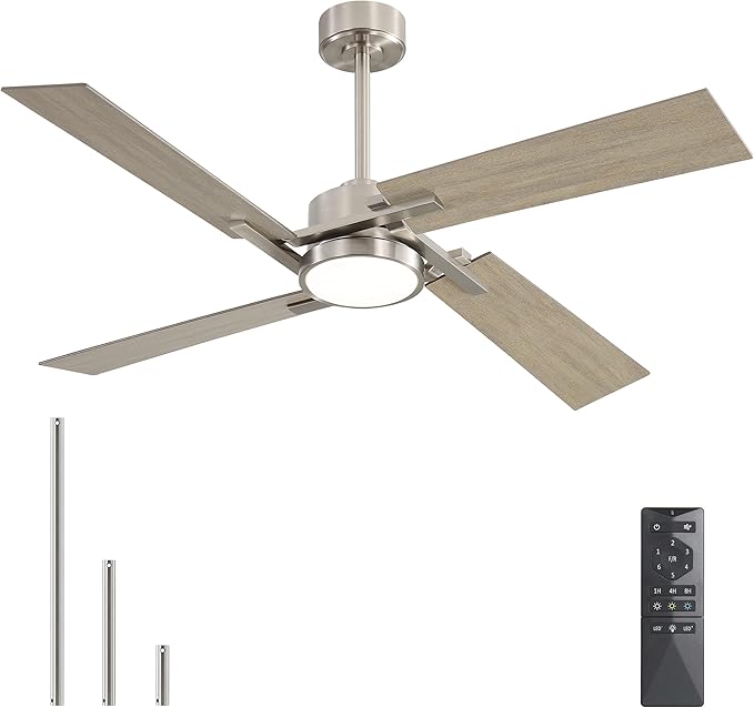 WINGBO 72 Inch Ceiling Fan with Light and Remote, 4 Plywood Blades, 6-Speed Reversible DC Motor, Dimmable, 3CCT, Farmhouse Ceiling Fan for Bedroom Living Room Kitchen, Brushed Nickel and Gray