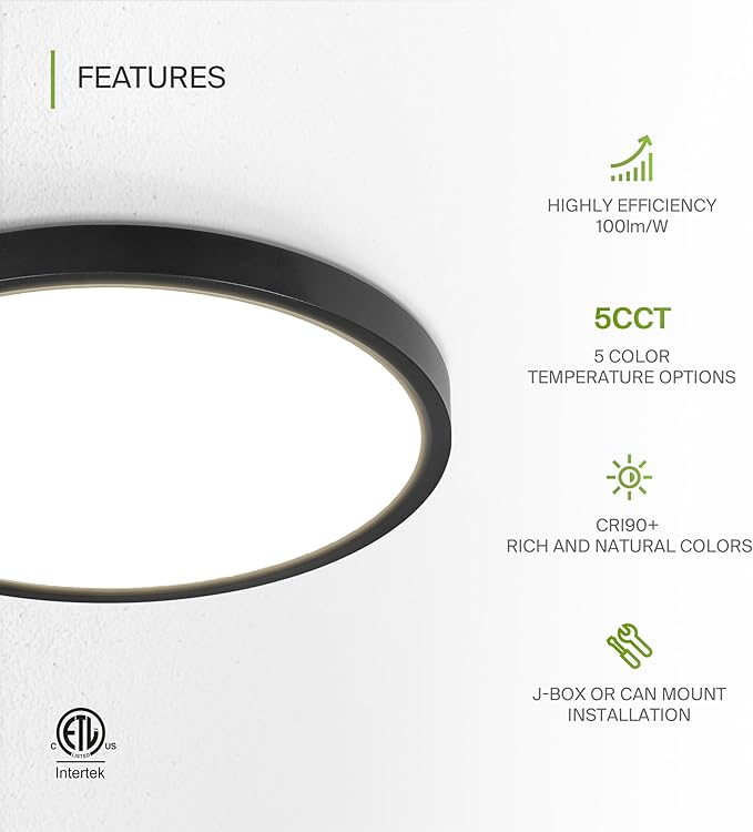 ASD LED 12" Round Flush Mount Ceiling Light Fixture, Low Profile Surface Lighting | 5CCT, Dimmable, Ultra-Thin, ETL Listed | 24W 2000LM 2700-6000K 100-277V | Kitchen, Hallway Lamp | Black, 12 Pack