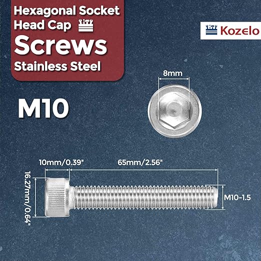 Kozelo 4pcs Socket Head Cap Screws - [M10-1.5 x 65mm] 304 Stainless Steel Allen Socket Drive for Electrical Motor 3D Printing Fan Engine Replacement Use, Silver