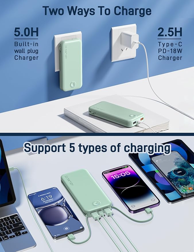 Nusyddy 22.5W Super Fast Charging Portable Charger with Wall Plug,12000mAh USB-C Power Bank Built-in 2 Cable, Lightweight Phone Charger Travel Battery Pack for All iPhone, Samsung, Tablets