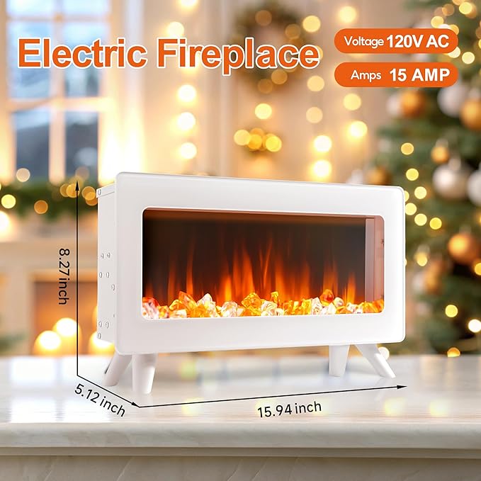 FLAME&SHADE 16 in Small Electric Fireplace Heater - Desk Space Heater with Realistic LED 3D Flames, Freestanding Fire Places Stove, 750 | 1500w, Overheating Protection (White)