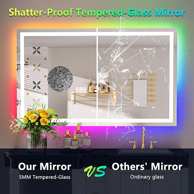 YEELAIT 55x40 Inch RGB LED Bathroom Mirror Front Light and RGB Backlit Lighted Vanity Mirror for Bathroom Wall Mounted Dimmable Anti Fog Memory Shatter-Proof IP54 Waterproof Horizontal/Vertical