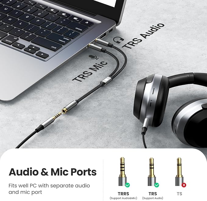 UGREEN Headphone Splitter for Computer 3.5mm Female to 2 Dual 3.5mm Male Braided Audio Splitter Cable Microphone Stereo Jack Earphones Port Cord Gaming Headset to PC Laptop Adapter Black