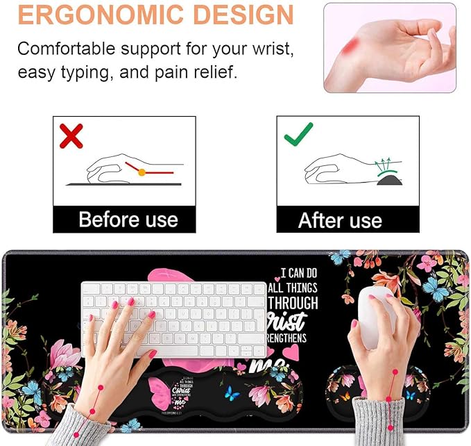 Ergonomic Keyboard Wrist Rest & Mouse Pad Wrist Rest Set,Floral Butterfly Quote Bible Verse Philippians 4:13 Large Gaming Desk Mat 31.5"x 11.8" with Memory Foam,Easy Typing Pain Relief for Home Office