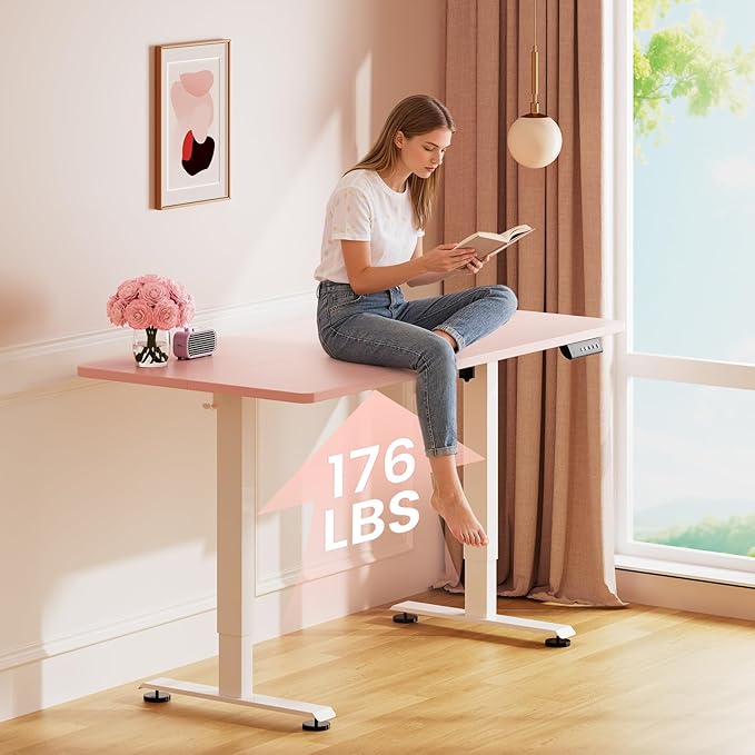 Veken 55 Inch Large Electric Standing Desk, 4 Memory Heights Adjustable,Sit to Stand Up, Work Home Office Computer Table for Study, Walking Pad, Writing, and Games, Wooden Desktop Desks, Pink